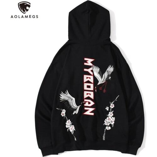 Aolamegs Autumn Hoodie Men Crane Plum Flower Embroidery Sweatshirt Chinese Style High Street Streetwear Couple Oversize Pullover