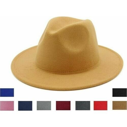 Unisex Solid Color Single Side Wool Felt Jazz Fedora Hats Elegant Men Women Wide Brim Panama Trilby Cap wholesale