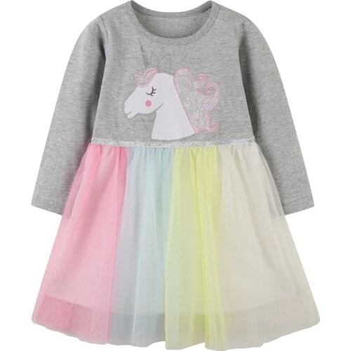 Jumping Meters Unicorn Embroidery Childrens Party Tutu Dresses Hot Selling Girls Cotton Clothes Long Sleeve Birthday Frocks