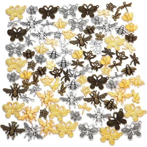 100 pcs Mix Metal Zinc Alloy insect Butterfly Bee Charms Fit Jewelry Pendant For DIY Necklace Bracelet Jewelry Making Findings