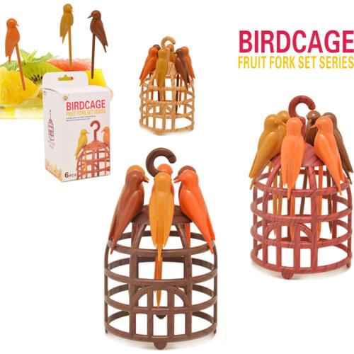 Clearance Sale 6pcs +1 Stand Fruit Fork Bird Cage Bird Fork Plastic Bird Food Picks Dessert Toothpick with A Bird Cage Christmas
