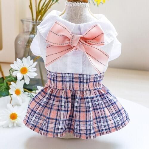 Pink Plaid Skirt Sweet Cat Dog Dresses Summer Pet Clothes With White Shirt For Yorkies Chihuahua Puppy Cat Skirt disfraz perro
