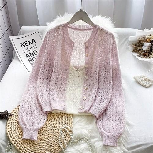 Pink Hollow Out Knitted Women Cardigan Summer New 2021 Lantern Sleeved Loose O-Neck Button Sweet Style Elegant Office Lady Tops