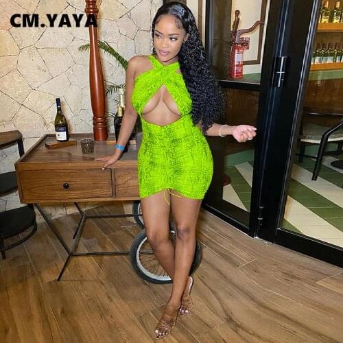 CM.YAYA Snake Skin Twist Ruched Women Midi Dress Sexy Party Club Drawstring Stracked Sleeveless Open Back Halter Neck Dresses