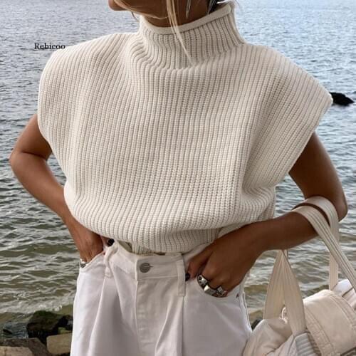 Fall Winter Chic Fashion Knitted Turtleneck Sleeveles Womens Sweaters Pullover Tops Loose Females Sweaters Casual