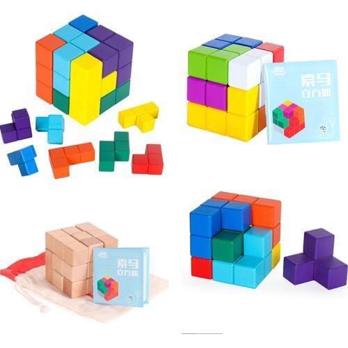 3D Wooden Soma Cube Stacking Games with 7 Colorful Bricks Brain Teasers Toy Novelty Toys Tetris 3D Magic Cube Multi-color Toys