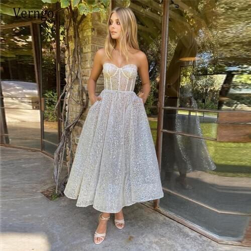 Verngo 2021 New Glitter A Line Short Evening Party Dresses Sweetheart Boning Fitted Tea Length Prom Gowns Shimmer Formal Dress
