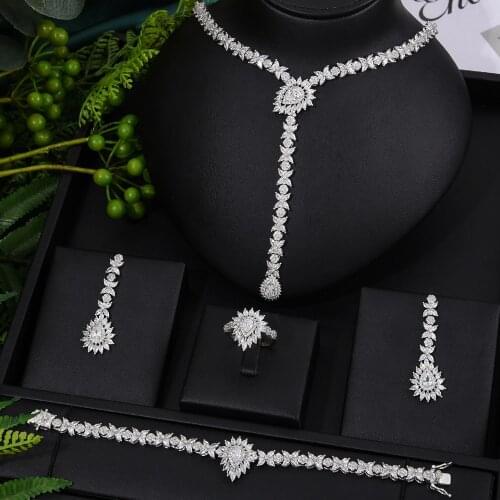 High Quality New Shiny Luxury Princess Long Necklace Bangle Earrings Ring Jewelry Set for women Girl Brides Wedding Jewellery