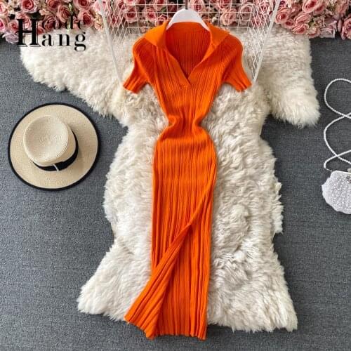 HangCode Europe Fashion Sexy Package Hips Split Bodycon Dress 2021 Summer V-neck Knitted Midi Dress Slim Ladies Party Dresses