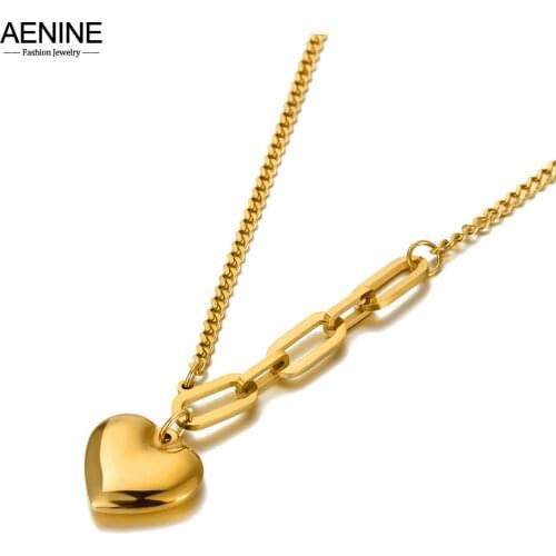 AENINE Fashion Titanium Stainless Steel Lovely Heart Charm Pendant Necklaces Bohemia Chain Choker Necklace For Women AN20133