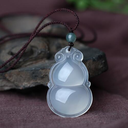 Womens Gourd Necklace Pendant White Chalcedony Agate Lucky Cucurbit Pendant Free Rope Gift for Female Fine Jade Jewelry