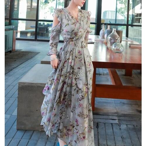 Spring womens dress 2021 new skirt lady fan long dress V-neck off shoulder floral dress slim dress