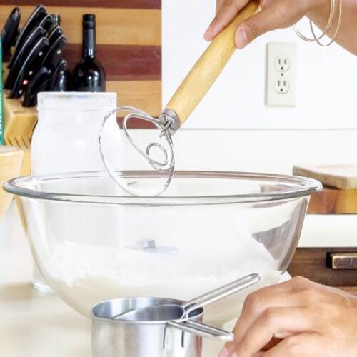 Stainless Steel Blender for DIY Bread Dough Bakeware Dough Whisk Eggs Beater Mixer Tool 13 Inch Oak Wood Handle 1PC