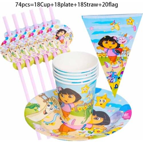 74pcs Dora the Explorer Birthday Party Supplies Party Decoration Disposable Party Tableware Napkin Plate Tablecloth Banner