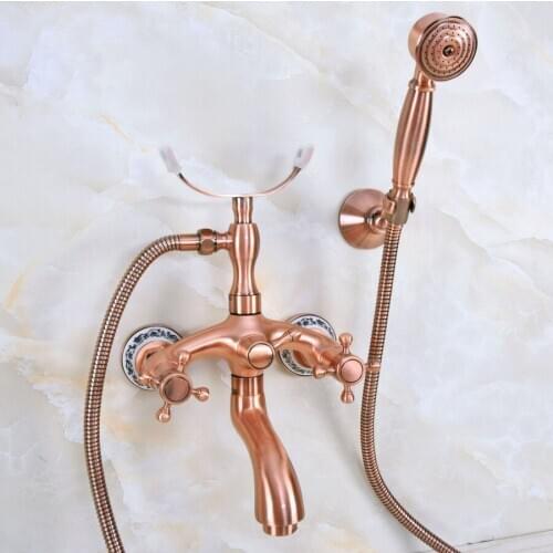 Antique Red Copper Brass Double Cross Handles Wall Mounted Bathroom Clawfoot Bathtub Tub Faucet Mixer Tap w/Hand Shower ana372