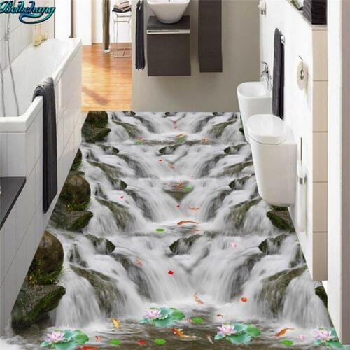 Beibehang Large custom flooring stone creek waterfall carp petals lotus bathroom 3d floor fine decoration