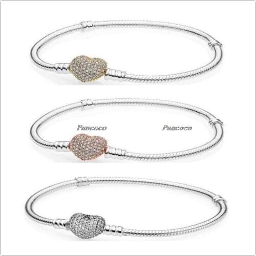 Authentic 925 Sterling Silver Bracelet Rose Gold Pave Heart Clasp With Crystal Bracelet Fit Women Bead Charm Diy Fashion Jewelry