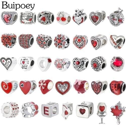 Buipoey Red Heart-shaped Beads Fine Charm For Bracelets & Necklace Original Womens Handmade Jewelry Accessories Love Beaded