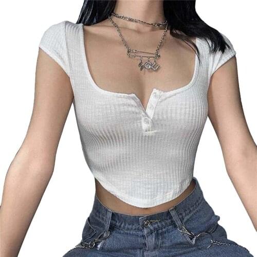 2021 Fashion Trend Women Summer Sexy Crop Tops Short Sleeve Square Collar Button T-shirt Lady Solid Color Ribbed Knit Slim Tees