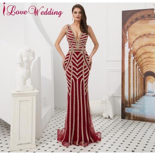 ILoveWedding Gorgeous V Neck Prom Dresses Sleeveless vestido de festa Red Mermaid Long Prom Gown Party