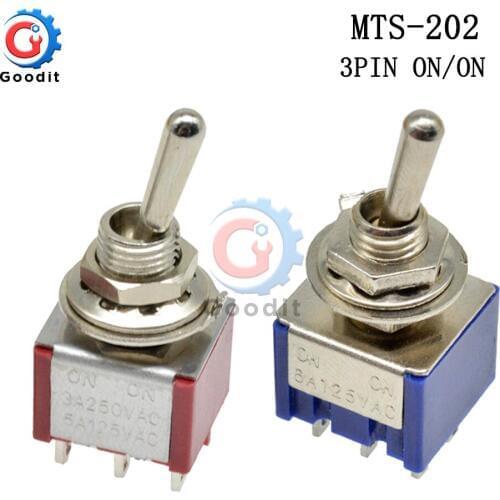 MTS-202 Miniature Toggle Switch Single Pole Double Throw SPDT ON-ON 120V AC 5A 6A Contact Mounting 6 Position MTS202