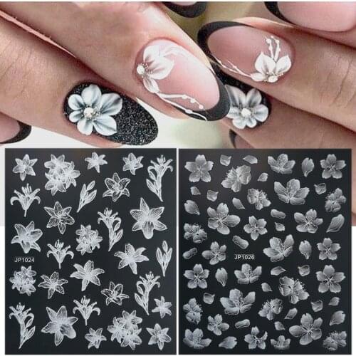 5d White Nail Sticker Rose Feather Engraved Embosse Design Transfer Decals Slider Wraps Diy Nail Art Decoration
