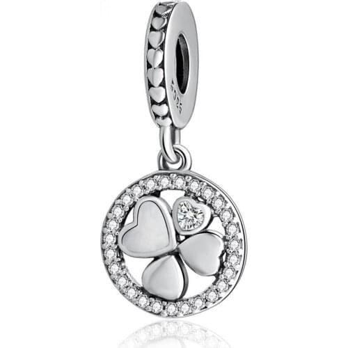 Authentic S925 Hearts Of Love Clover Hanging Charm fit Lady Bracelet Bangle For Women DIY Jewelry