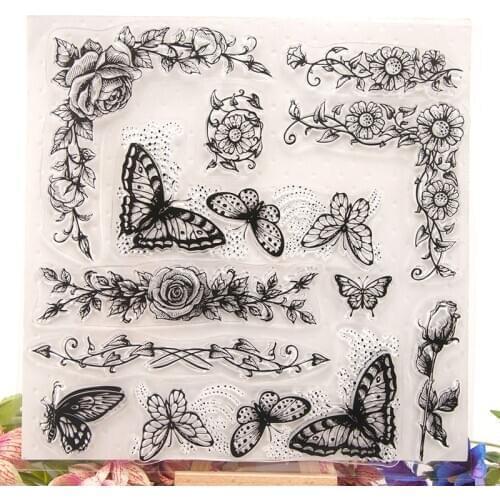 WYSE Clear Stamps Flower Lace Edge Rubber Stamp Butterfly Transparent Silicone Stamps Seal for DIY Handmade Paper Card