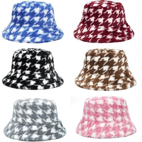 Luxury Winter Outdoor Vacation Fisherman Hat Women Houndstooth PanamaThickened Soft Warm Fishing Cap Faux Fur Rabbit Bucket Hat