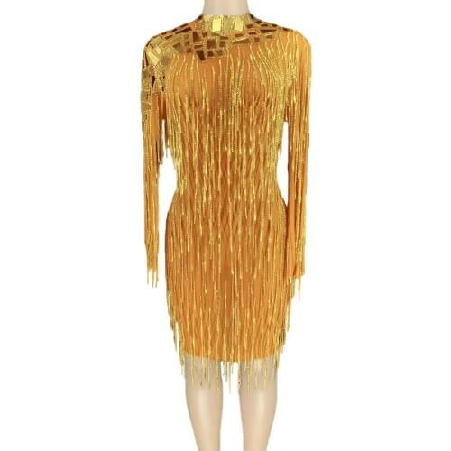 Luxury Gold Rhinestones Fringe Transparent Mirror Dresses for Women Long Sleeves Women Dancer Dress Birthday Outfit Dress