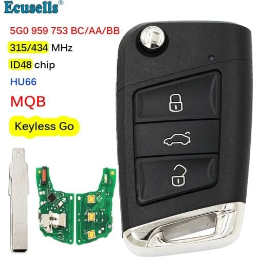 Upgraded Filp remote key 434MHz with ID48 chip for VW Volkswagen passat smart sliver tail MQB universal with uncut HU66 blade
