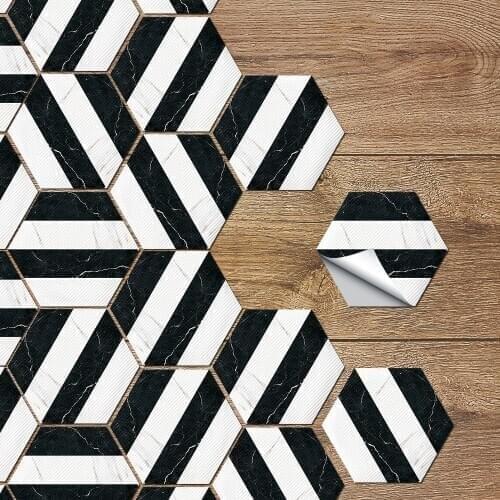 Modern Abstract Hexagon Floor Stickers Waterproof Tiles Bathroom Black And White Marble Line Decals