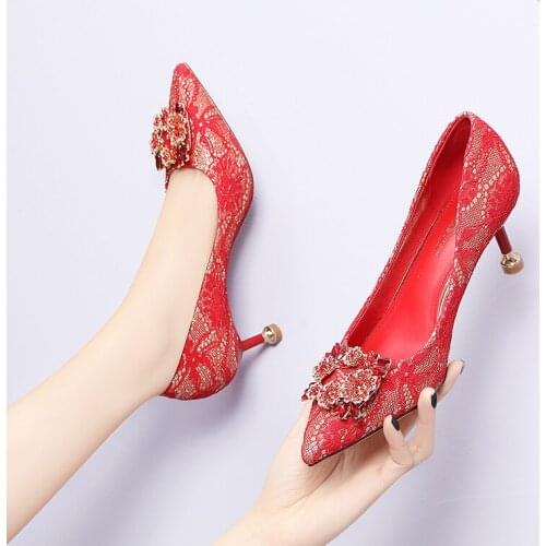 Top quality Wedding Shoes Women Pointed Toe Thin Heels Pumps Ladies High Heel Evening Dress Bride Red Shoes