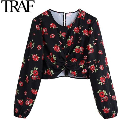 Traf Za Women Fashion Crop Blouses Fall 2021 Long Sleeve Kink Vintage Floral Shirt Chic Ladies Tops Mujer