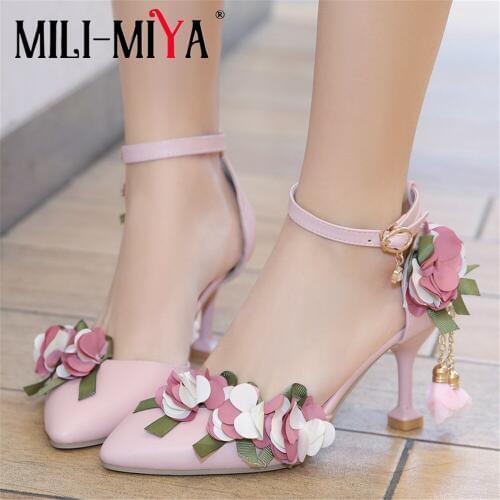 MILI-MIYA Sweet Women Pumps Pu Leather Flower Crystal Buckle Strap Ankle Wrap Thin Heels s Wedding Shoes Plus Size 46 Handmade