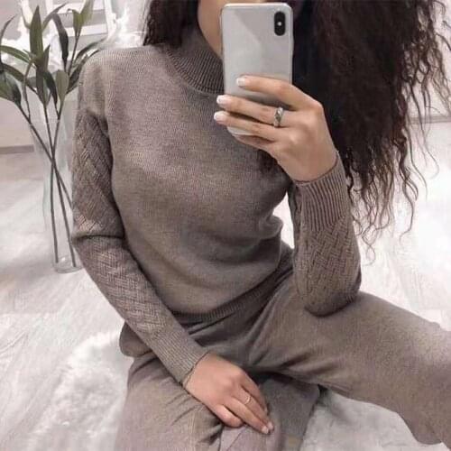 Knitting Two Piece Set Womens Tracksuit Long Sleeve Turtleneck Knitted Set Sweaters+Pants Suit Spring Autumn Ladies Tracksuits