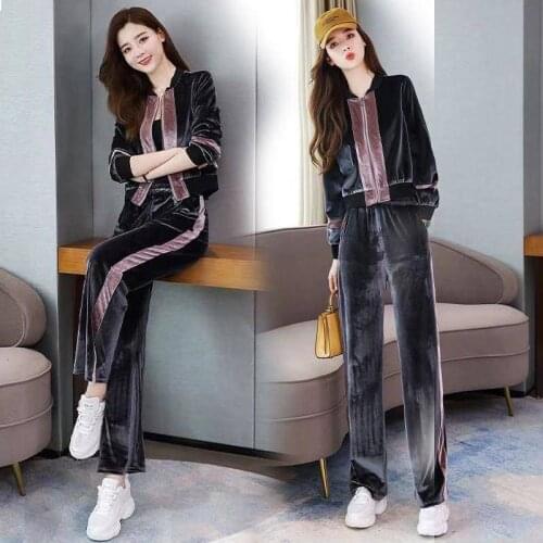 Women Tracksuits 2 Piece Set velet Zip Crop Top Pants Windbreaker Fashion Female Loose Striped Jacket Coat Trousers Plus Size