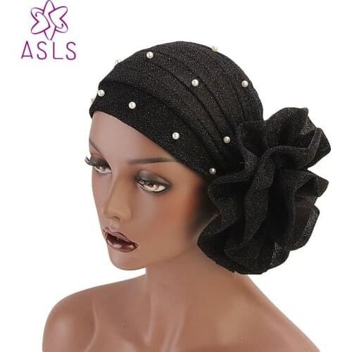 High Quality New Women Muslim beaded glitter Turban India Cap Big Flower Headband Wedding Party Hair Lose Head Wraps Accessories