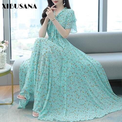 Women Retro Bow Collar Floral Printed Chiffon Dress Summer Holiday Bohemian Beach Long Dresses Female Plus Size 4XL Vestidos New