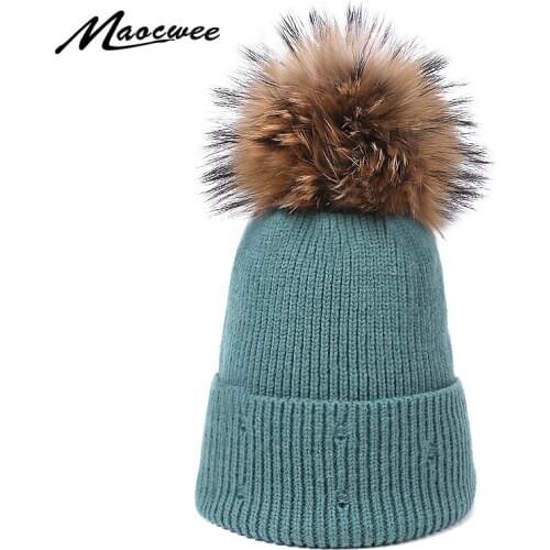 Winter Brand Female Fur Pom Poms hat Winter Hat For Women Girl 's Hat Knitted Beanies Cap Hat Thick Warm Women Skullies Beanies
