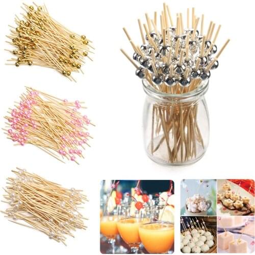 100PCS Pearl Bamboo Wooden Toothpick Fruit Picks Snack Fork Cocktail Picks Skewer Festival Household Kitchen Bar Tools