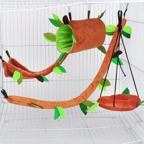 5Pcs Cute Small Pet Cage Sugar Glider Hedgehog Hamster Tunnel Squirrel Swing Hanging Bed Plush Nest Hammock