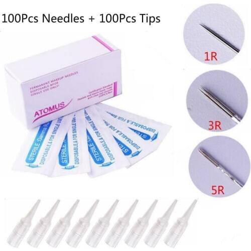 ATOMUS 100PCS Professional Disposable Tattoo Needles Tubes Set 1R/3R/5R Sterile Makeup Eyebrow Tips Art Salon Supply