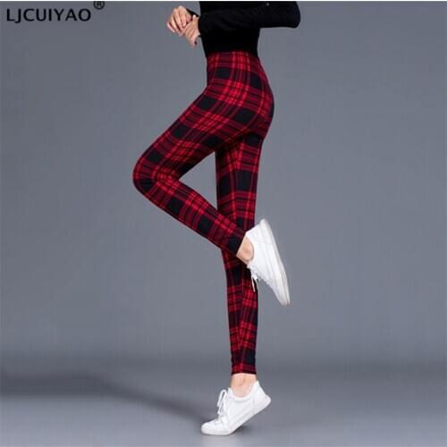 LJCUIYAO Plaid Printing Fitness Leggings Women Fashion Trouser High Waist Polyester Plus Size Stretch Pants Exercise Clothing