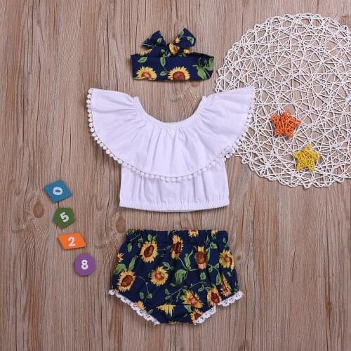 Childrens wear in the summer of female baby fly red sleeve edge white coat sunflower shorts three-piece suit