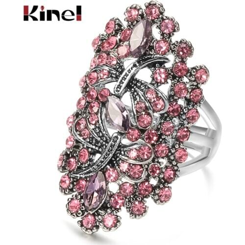 Kinel Vintage Big Hollow Pink Rhinestone Dragonfly Rings Women Tibetan Silver Wedding Party Boho Jewelry Z0044 SSI