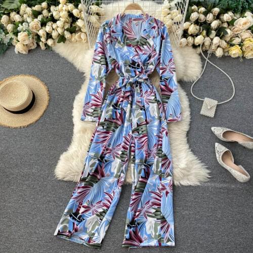European American style retro printed jumpsuit 2021 autumn new ladies suit tie tie waist thin wide-leg jumpsuit trend s502