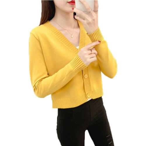 Spring Autumn Short Sweater Coat V-neck New Thin Knit Cardigan Sweater Female V-Neck Casual Long Sleeve Short Cardigans Mujer 12