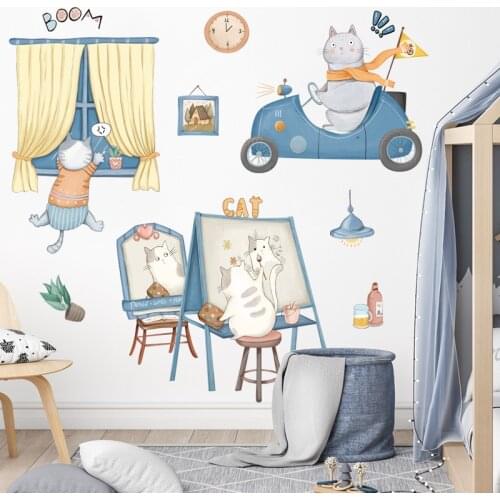 BRUP Lovely Cats Painting Sit in the Car Wall Stickers for Kids Room Lving Room Bedroom Wall Decals Play Room Wall Decals PVC