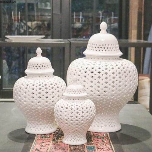 Creative White Ceramic Hollow Jar with Lid Large Vase Flower Pot Living Room Wine Cabinet Furnishing Art General Jar Home Decor